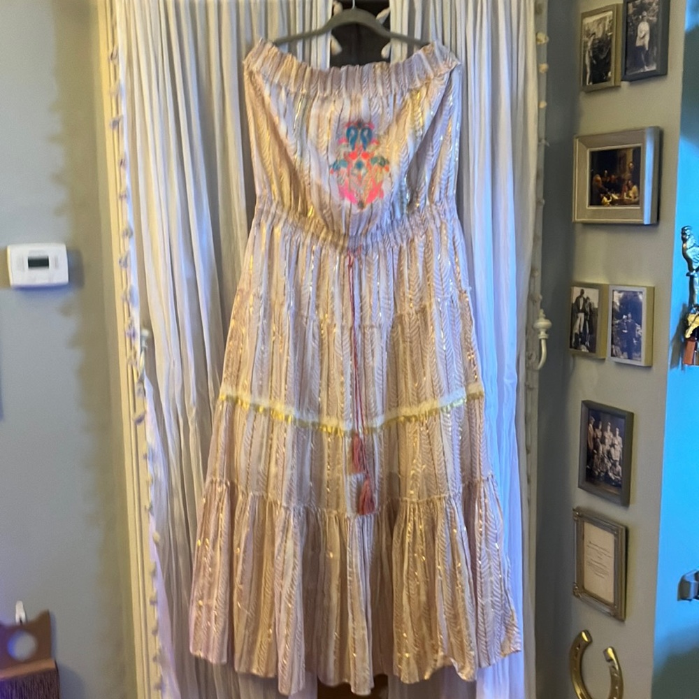 Pink and gold strapless maxi dress